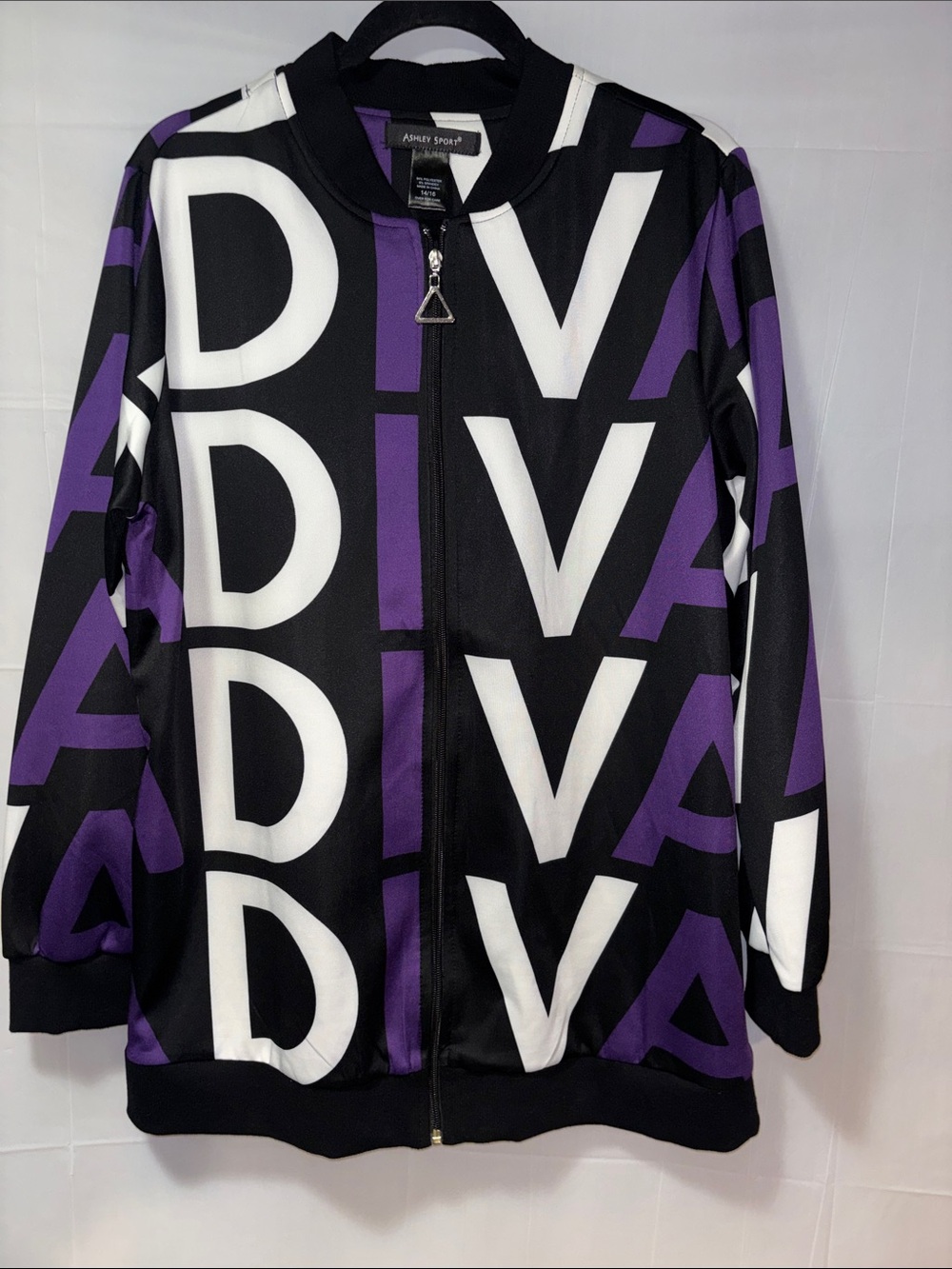 Ashley Stewart Black & Purple 'DIVA' Graphic Zip Jacket (Excellent Condition)